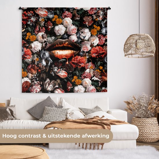 Wandkleed - Wanddoek - Lippen - Bloemen - Verf - Oranje - Kunst - Abstract - Oude meesters - 120x120 cm - Wandtapijt