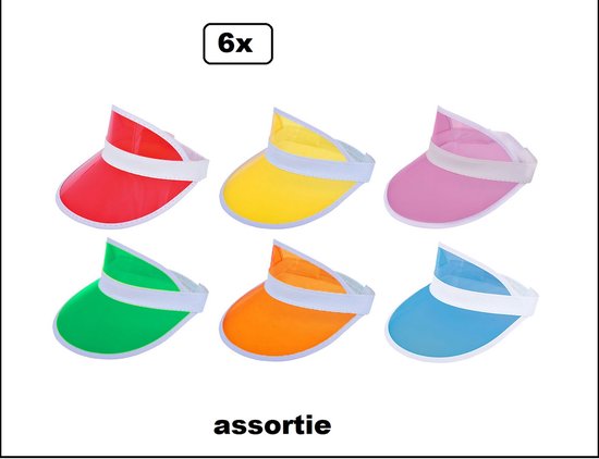 6x Zonneklep transparant assortie kleur - 6 verschillende kleuren - sport en spel carnaval zon hoed strand hawai tropical thema grappig en fout