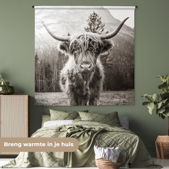 Tenture murale - Tissu mural - Highlander écossais - Animaux - Zwart - Wit - 180x180 cm - Tapisserie