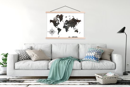 Porte-affiche avec affiche - Affiche scolaire - Wereldkaart - Zwart - Wit - Koper - 120x80 cm - Lattes vierges