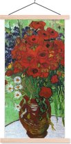 Posterhanger incl. Poster 40x80 cm - Schoolplaat - Vaas met rode papavers en madeliefjes - Vincent van Gogh - Textielposter - Blanke latten