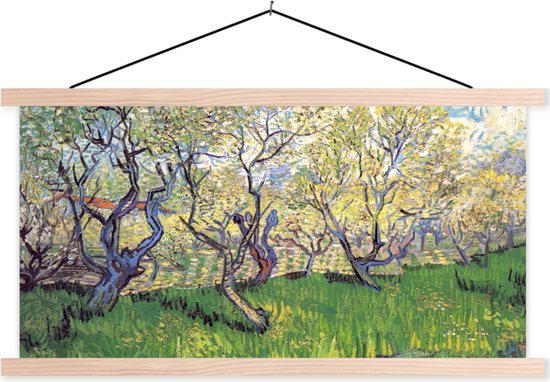 Posterhanger incl. Poster - Schoolplaat - Boomgaard met bloeiende pruimenbomen - Vincent van Gogh - 150x75 cm - Blanke latten