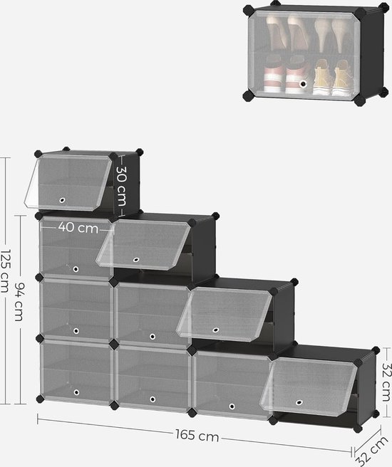 Schoenenrek met 10 vakken, schoenenkast, 30 x 40 x 30 cm per vak, smal, met deuren, stalen frame, kunststof, voor hal, slaapkamer, entree, zwart LPC035B01