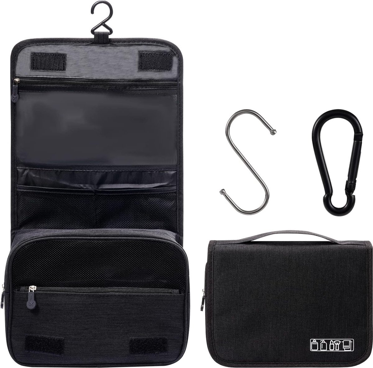 Opvouwbare waterdichte draagbare multifunctionele toilettas voor dames, stuurt een mooie kleine tas, 1S1C-zwart, toilettas