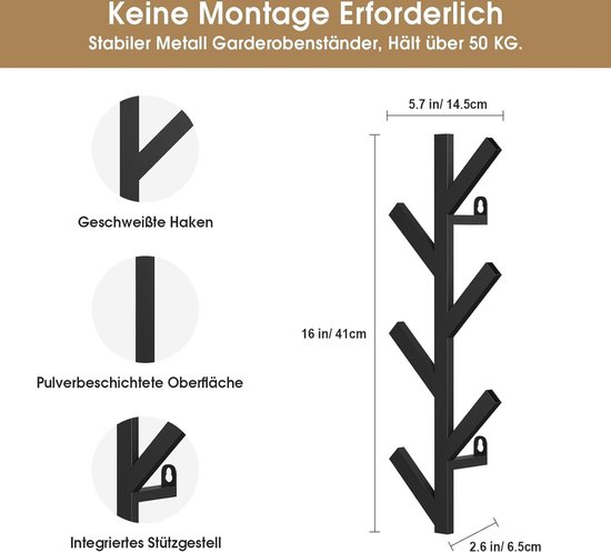 Metaal Muurkapstokken Verticale Jashaken - 41 cm Kapstokken met 6 Haken, Wandkapstok Voor het Ophangen van Jassen, Hoeden, Sjaals en Handtassen (Zwart)