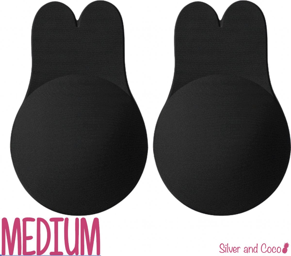 SilverAndCoco® - Push up Plak BH Bunny herbruikbaar / 2 stuks - 1 paar / Zelfklevende Invisible tepelplakkers / Onzichtbare Siliconen Tepel bedekkers Konijn BH Pads Silicone Nipple cover Strapless boob lift - Zwart - Maat Medium