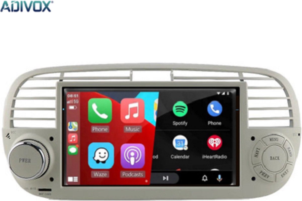 Autoradio 7 inch voor Fiat 500 Abarth Android 13 CarPlay/Auto/WiFi/GPS/RDS/DSP/NAV kleur Wit/Beige