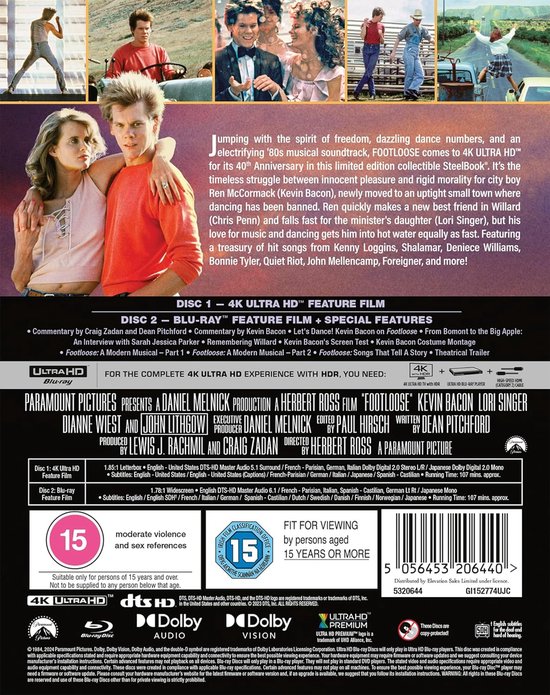 De achterkant van de Footloose 4K UHD + Blu-ray steelbook met filmstills, poster en beoordelingslogo's.