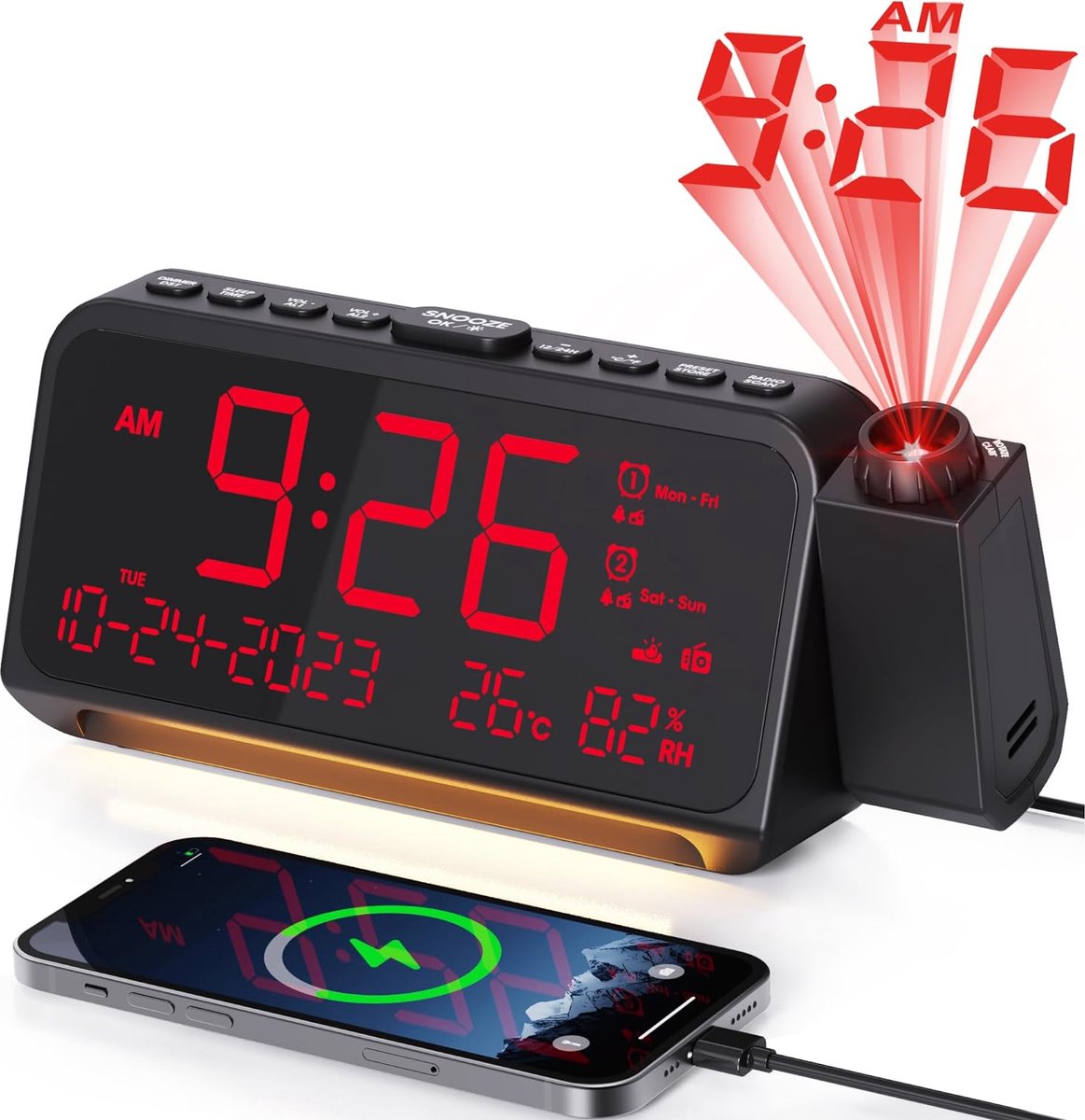 Radiowekker met USB-aansluiting, Projectiewekker, Temperatuur- en Datumweergave - Handige Wekker voor USB-Opladen en Tijdprojectie - Zwart