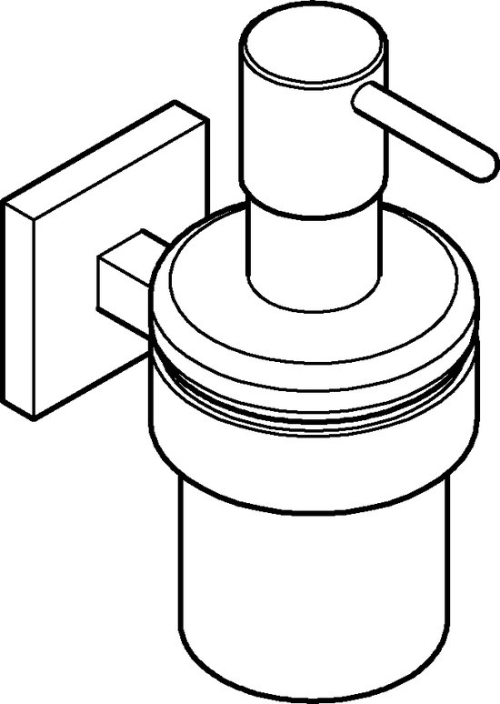 Schematische weergave van een matzwarte zeepdispenser met matglazen reservoir en wandhouder.