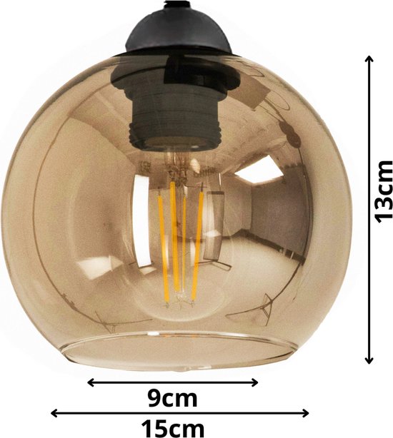 Hanglamp Industrieel voor Woonkamer, Eetkamer - Verstelbaar max. 70cm - 3-Lichts - E27 tot 60 W - Amber Glas