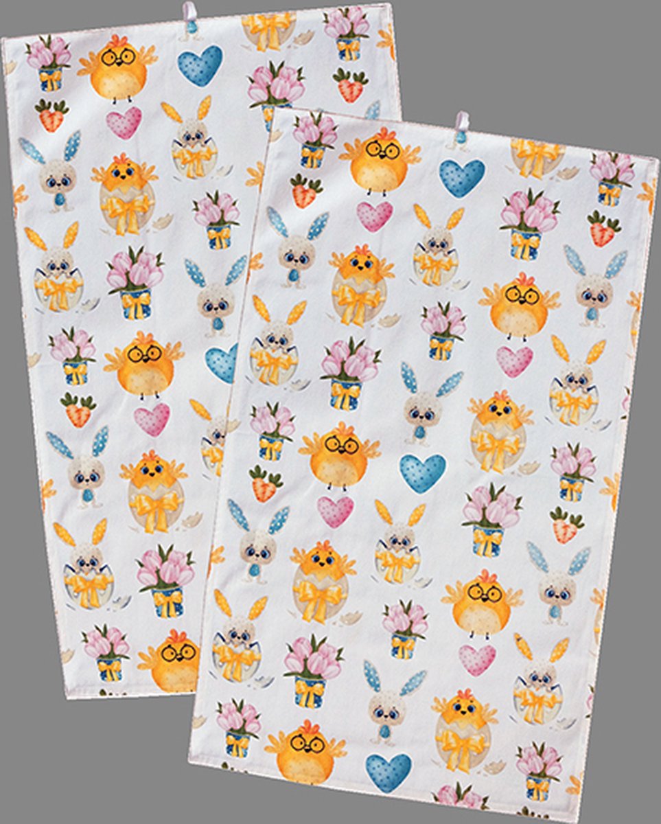 Theedoek - Set van 2 stuks - Pasen - Geel - Kuikentjes - Konijnen - 40 x 70 cm