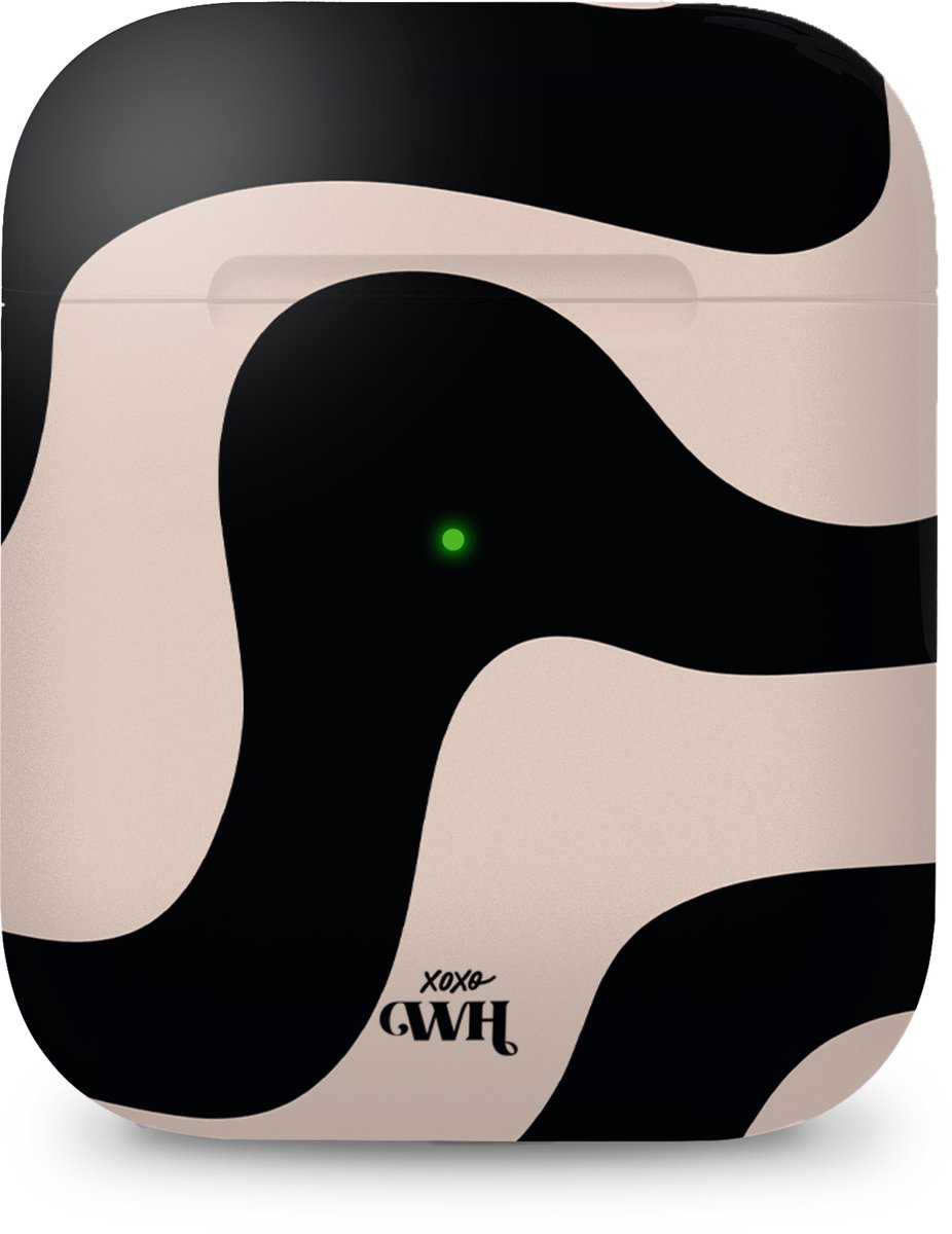 xoxo Wildhearts hoesje geschikt voor Airpods 1/2 - Ride With Me - Ook als telefoonhoesje verkrijgbaar - schokbestendige case geschikt voor Airpod 1 en 2 - koptelefoon case - Beschermhoes met golvende print - golven - zwart / beige