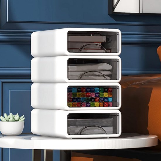 Ladebox, stapelbare mini-opbergdoos van hoogwaardig kunststof (PP), zichtbare ladekast voor kantoor, woonkamer, slaapkamer, 35 x 26 x 17,5 cm, wit