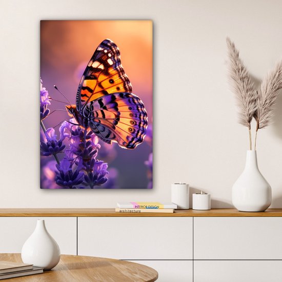 Tableau sur toile 40x60 cm - Fleurs - Papillon - Lavande - Bloem - Nature - Décoration murale salon - Décoration murale cuisine - Décoration chambre - Peintures - Accessoires de maison