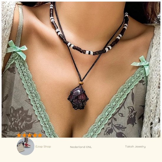 2 pièces/ensemble Perles en bois et de pierre d'améthyste - Choker pendentif irrégulier pour femme - collier de corde réglable Vintage - Accessoires de vêtements pour bébé de Bijoux élégants