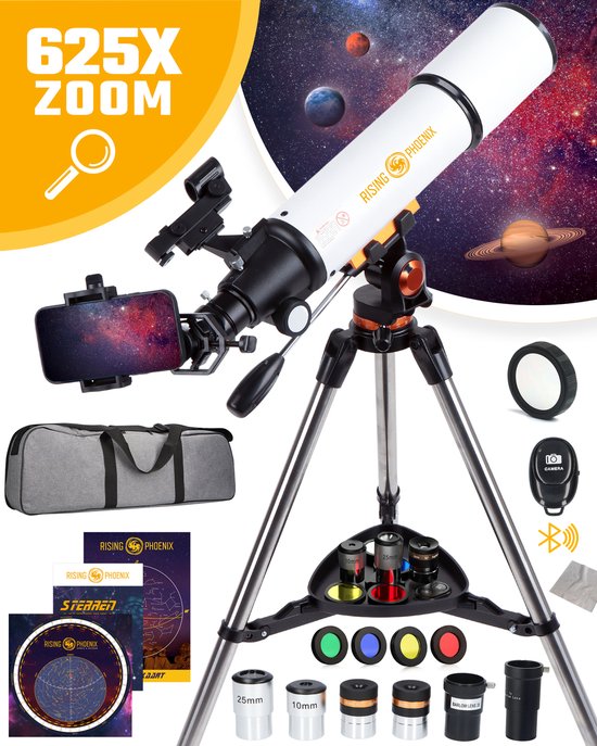 RP® Telescoop 625x Zoom Sterrenkijker incl 6 lenzen en Filterset Deluxe Set - Volwassenen / Gevorderden - Verstelbaar Statief - Afstandsbediening, Planisfeer, Leerboek en Smartphone Adapter + Poster - Wit