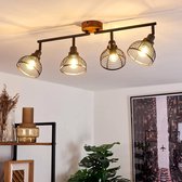 Plafondlamp, rond metaal in zwart en donker hout, 4-lamps vintage/retro look kamerlamp, 4 x E14, lampkoppen draaibaar, zonder gloeilamp