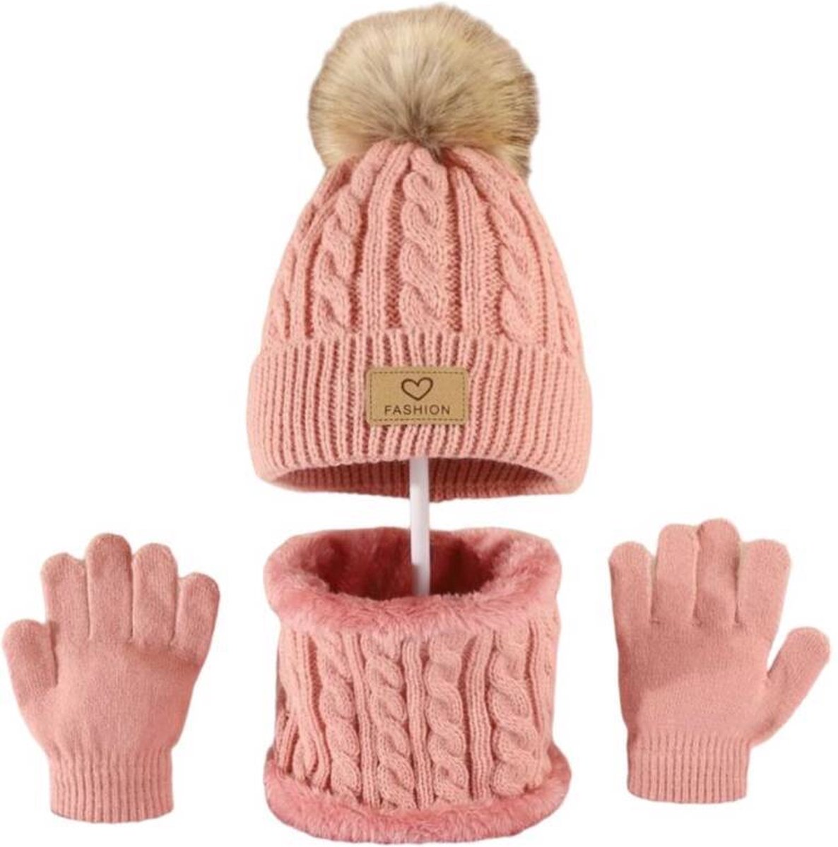 Muts, sjaal en handschoenen - roze - met grote pompon - kind - peuter - kleuter