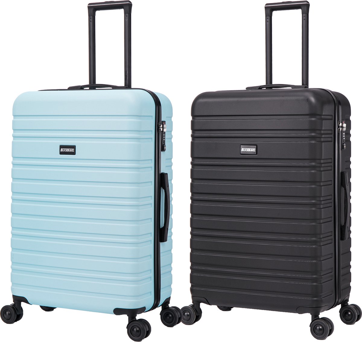 BlockTravel - kofferset - 2 delig - ABS - ruimbagage - met dubbele wielen - 95 liter - inbouw TSA slot - licht blauw - zwart