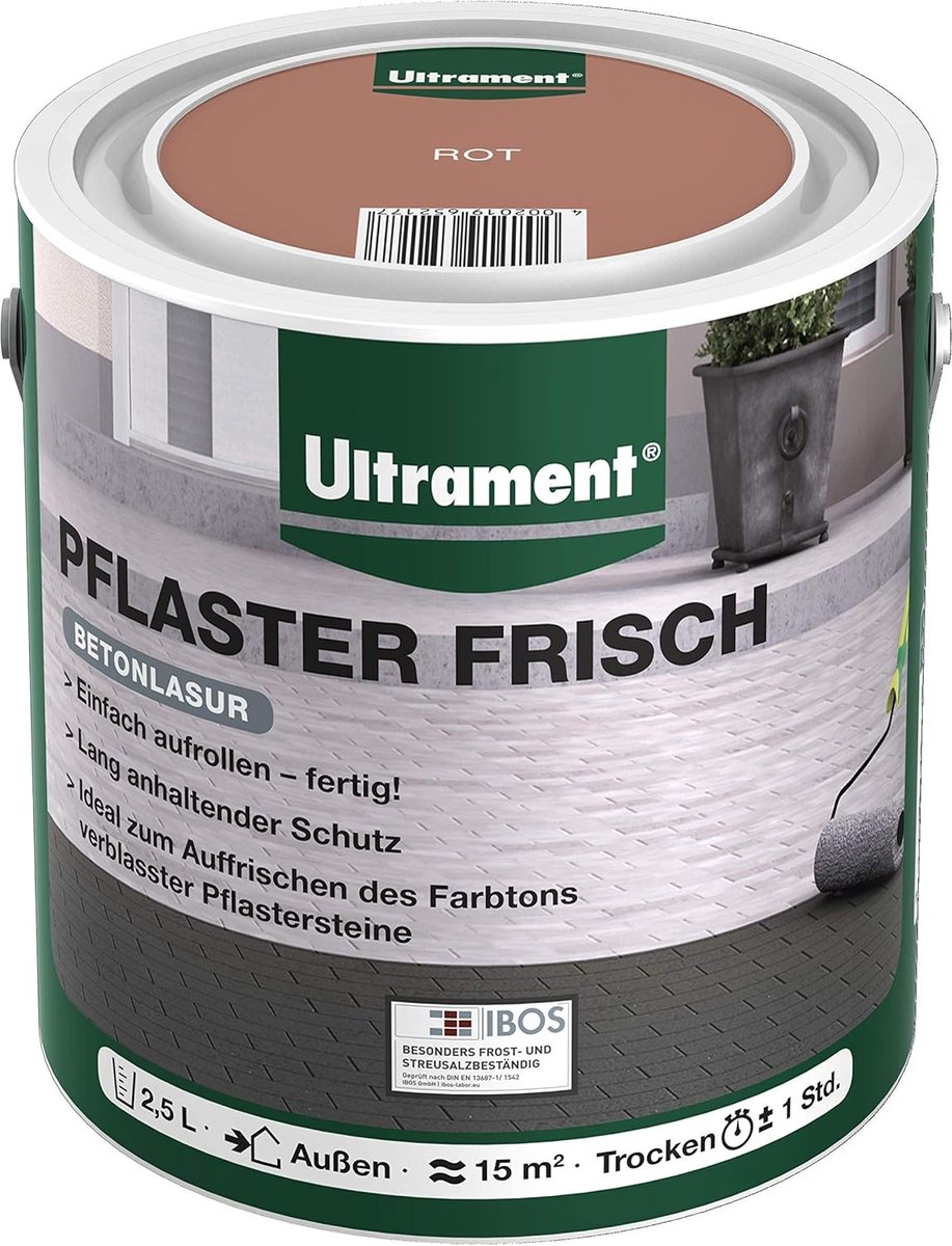 Ultrament Pflaster Frisch Betonglaze - Rood, 2,5 liter: Gemakkelijk aan te brengen, UV- en weerbestendig, sneldrogend, ideaal voor buitenruimtes en absorberende betontegels.