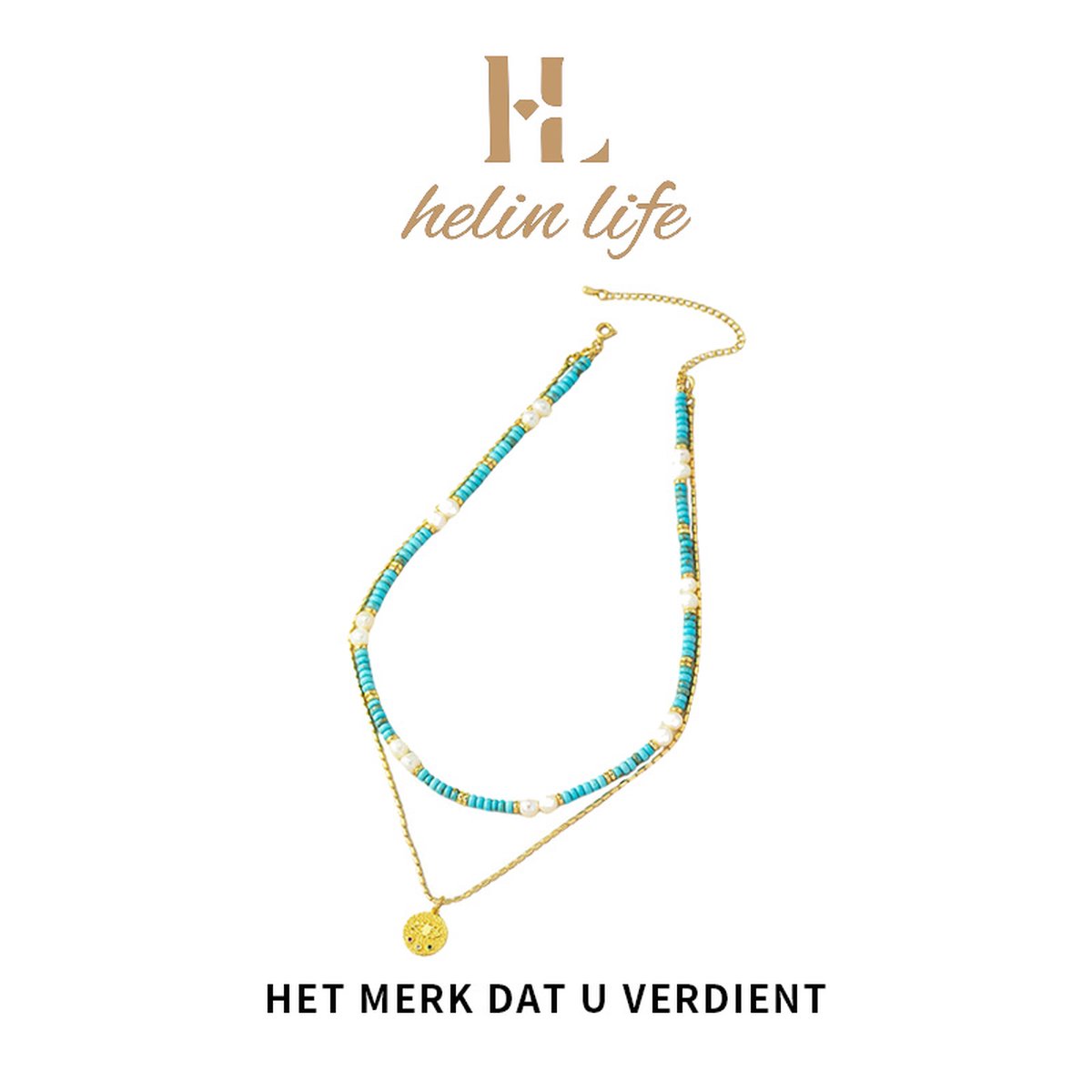 helin Life - Damesketting -Layerkettingen- 18k verguld - Hanger - 41 cm / 6cm - Turkoois - Parel - Cadeau - Goud