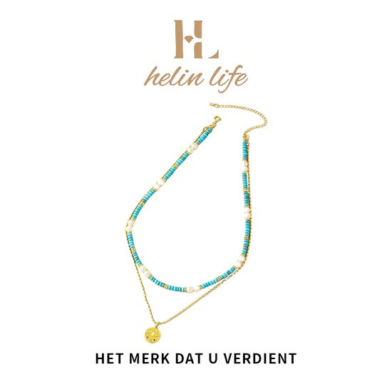 helin Life - Damesketting -Layerkettingen- 18k verguld - Hanger - 41 cm / 6cm - Turkoois - Parel - Cadeau - Goud
