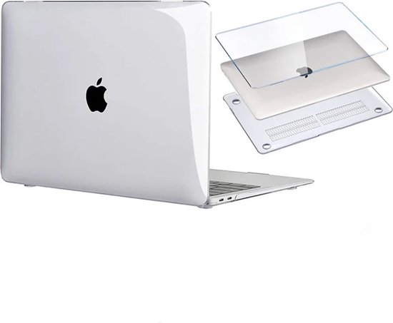 Coque MacBook transparente et ses parties inférieure et supérieure séparées, logo Apple visible.
