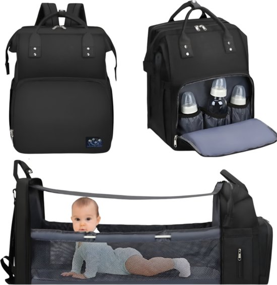 RMB - Luiertas Rugzak - Luiertassen met Babybed - Grote Luiertas met Wieg - Luiertas Verzorgingstas met Babybedje - Verzorgingsrugzak - Zwart