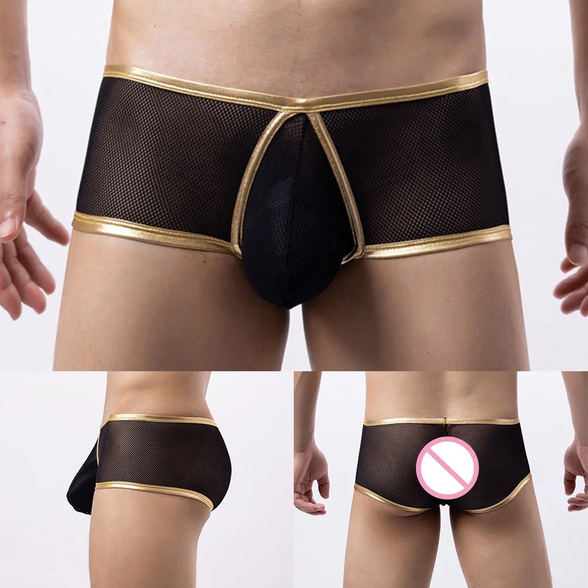 Goedkoopste Boxer-Heren-Zwart-Visnet-Gouden rand-Sexy-Opwindend-Goedkoop-Kwaliteit-Erotisch