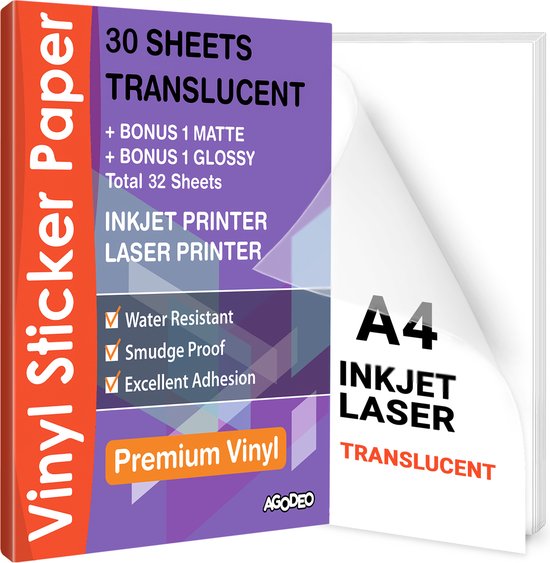 20 Translucent Vinyl Stickervellen A4 Printer Paper - Stickerpapier Voor Printer - Incl. 2 Geschenkvellen - Inkjet & Laser Printer - Waterbestendig - Scheurbestendig - Sneldrogend - Sticker Printer Papier - Sticker Papier - Stickerpapier A4 - AgoDeo