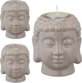 Relaxdays 3x Boeddha theelichthouder - waxinelichthouder - zen sfeerverlichting - grijs