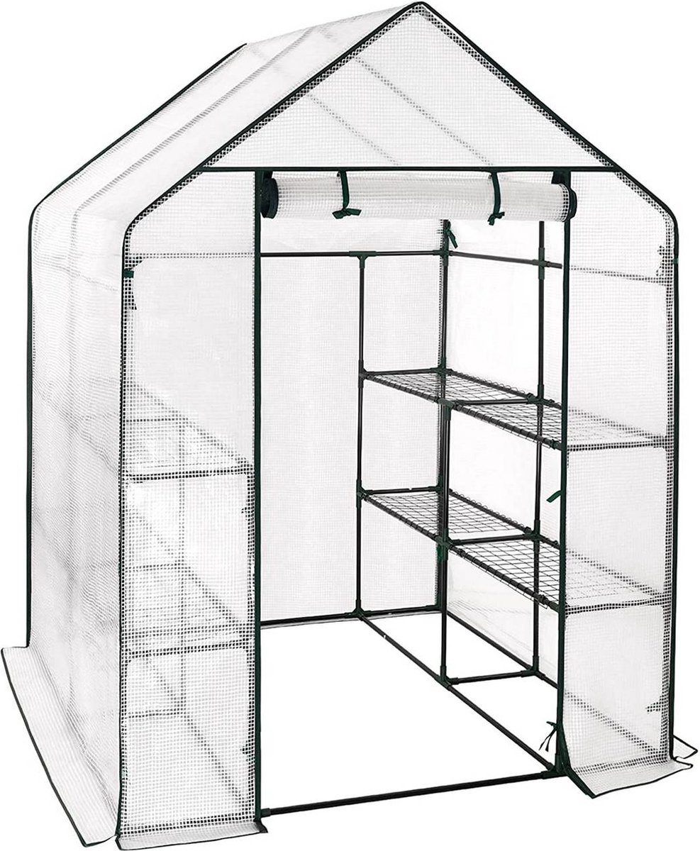 BukkitBow – Polytunnel Tuinkas – Winterproof Tunnel voor Groenten Teelt – Compacte Tuinkas met Groot Luik en 3 Bloemen Planken - 143x143x195CM - Wit