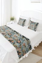 Bedloper & Kussenhoes Set - Bedsprei - Bedrukt Velvet textiel - Bloemen op Lichtblauw