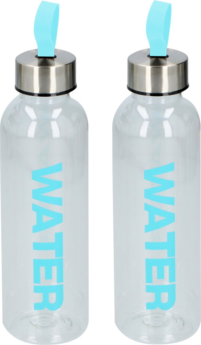 Cuisine Elegance Waterfles/drinkfles/sportfles - 2x - transparant/turquoise - kunststof - 550 ml