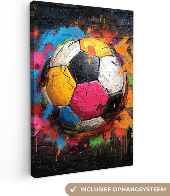 Canvas Schilderij 80x120 cm - Graffiti - Voetbal - Muur - Sport - Pop art - Wanddecoratie slaapkamer - Muurdecoratie woonkamer - Interieur decoratie - Schilderijen - Kamer accessoires tieners - Tienerkamer jongens