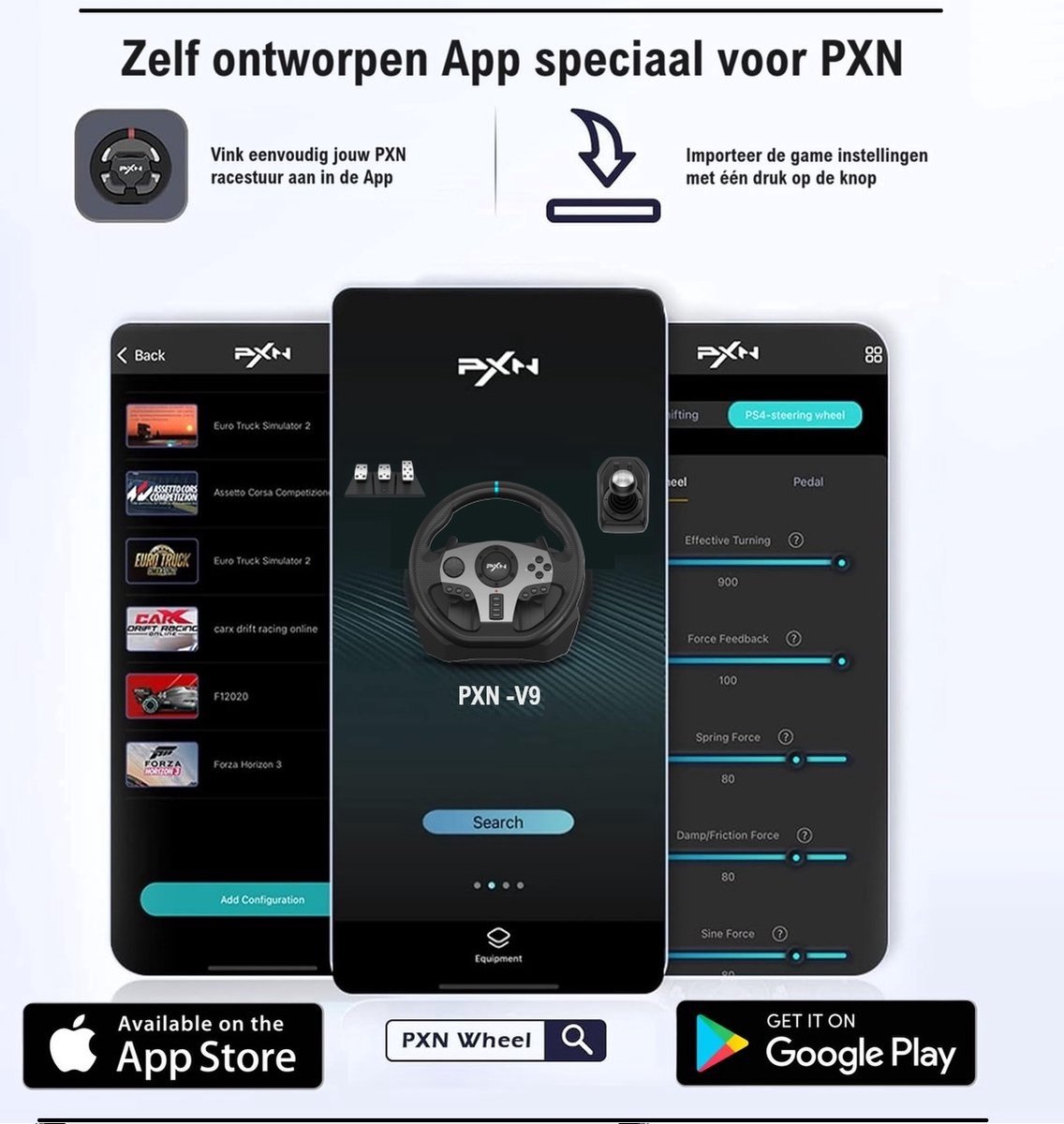 PXN - V9 - Race Stuur - Met Pedalen en Shifter - 270/900°- Game Stuur - Geschikt voor - PS4 - Xbox One - PC - Xbox Series X|S - PS3 - Met App — cadeau in Gadgets - foto 2