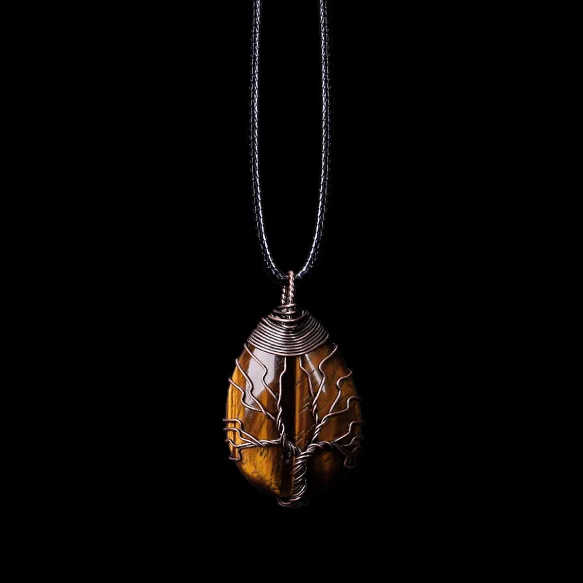Cosy Casa® - Edelsteen - ketting - Zwart - Tiger eye - Tijgeroog - kristal - Three of life - spiritueel - Druppel - Bergkristal - Natuurlijke edelsteen ketting - Cadeauverpakking