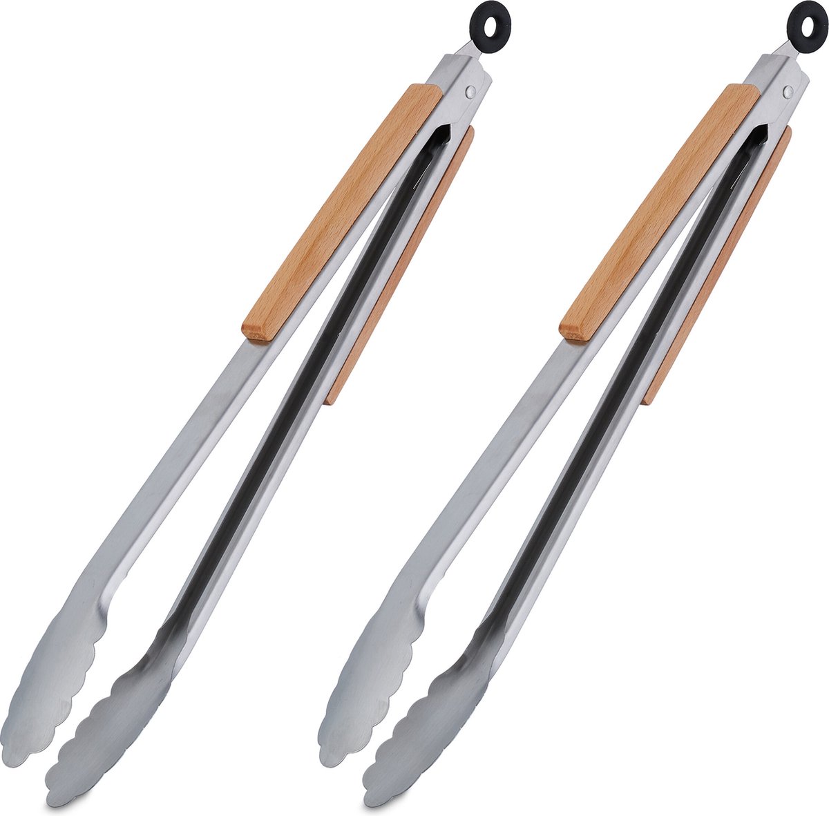 2x barbecuetang - houten handgreep - bbq serveertang - vleestang - 38 cm - rvs