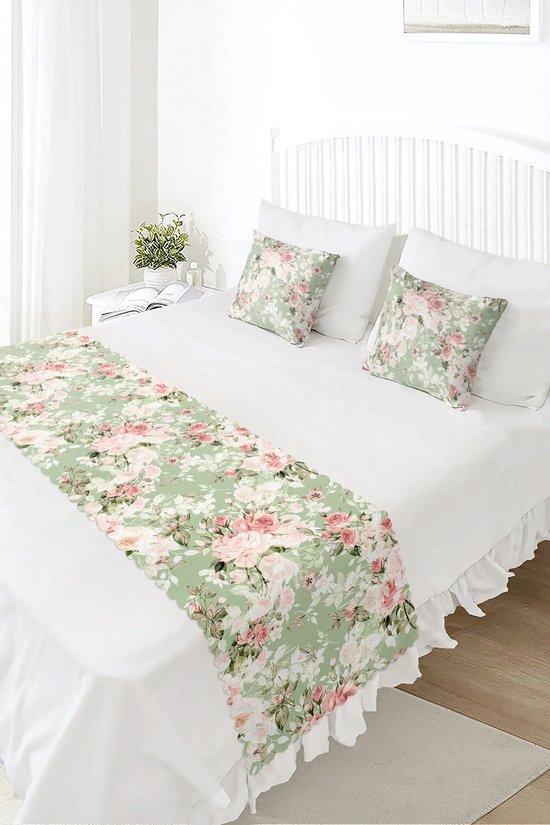 Bedloper & Kussenhoes Set - Bedsprei - Bedrukt Velvet - Pastel roze bloemen