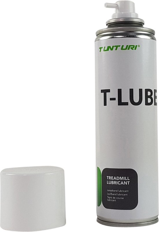 Spuitbus T-LUBE TREADMILL LUBRICANT met witte dop ernaast.