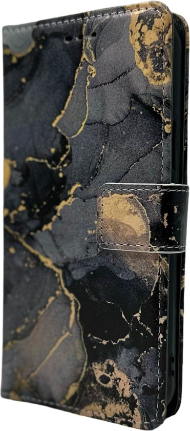 HEM Stylish Book Case (geschikt voor S24) Samsung S24 hoesje met 3 pasjesuitsnedes + fotovakje - Portemonneehoesje - pasjeshouder - Marble Blauw/Goud