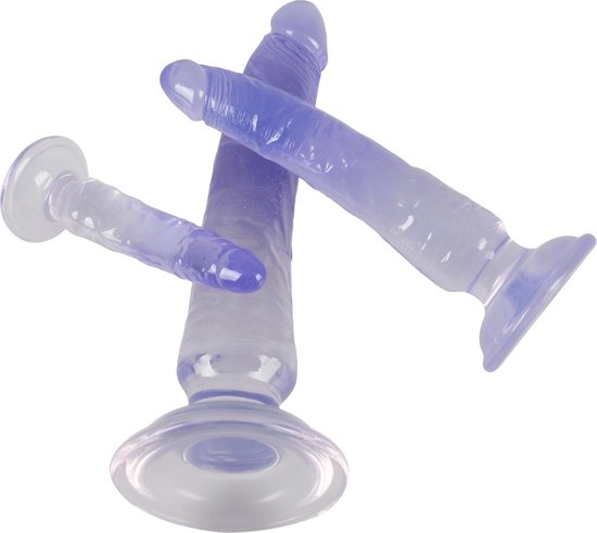 Drie transparante paarse dildo's met zuignappen, van groot naar klein.