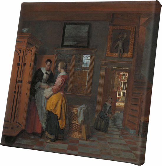 Binnenhuis met vrouwen bij een linnenkast | Pieter de Hooch | 1663 | Canvasdoek | Wanddecoratie | 30CM x 30CM | Schilderij | Oude meesters | Foto op canvas