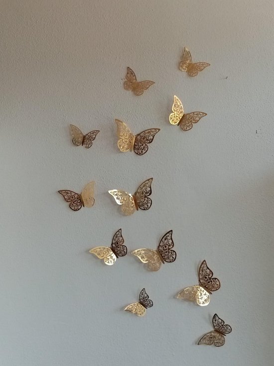 3D Gouden Muurstickers - Elegante Set van 12 Vlinderstickers in 3 Maten - Wand decor - Kamer versiering - 3D vlinders
