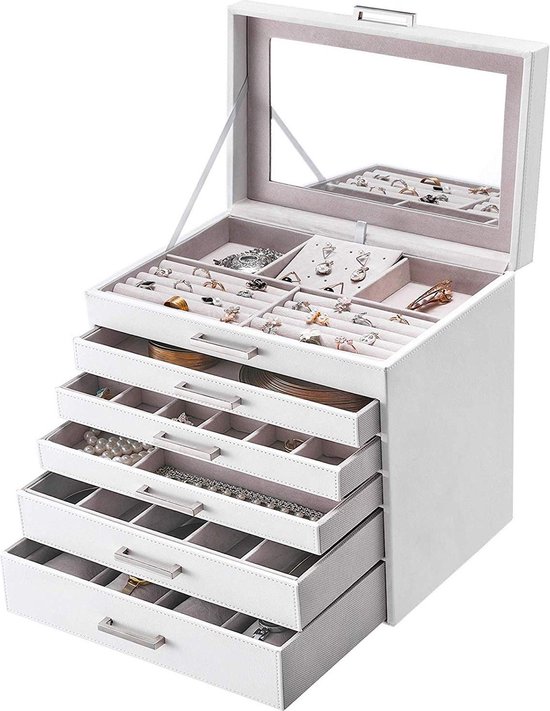 Boîte à bijoux XL avec miroir - Boîte à bijoux à 6 niveaux - Blanc avec  rose | bol.com