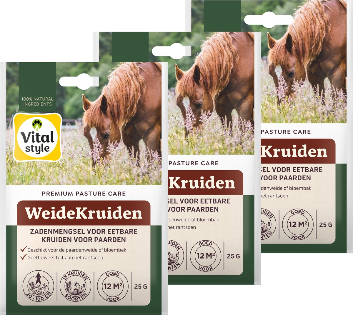VITALstyle WeideKruiden - Kruidenzaden - Zadenmengsel Met Eetbare Kruiden Voor Paarden - 36m2 - 3 x 25g