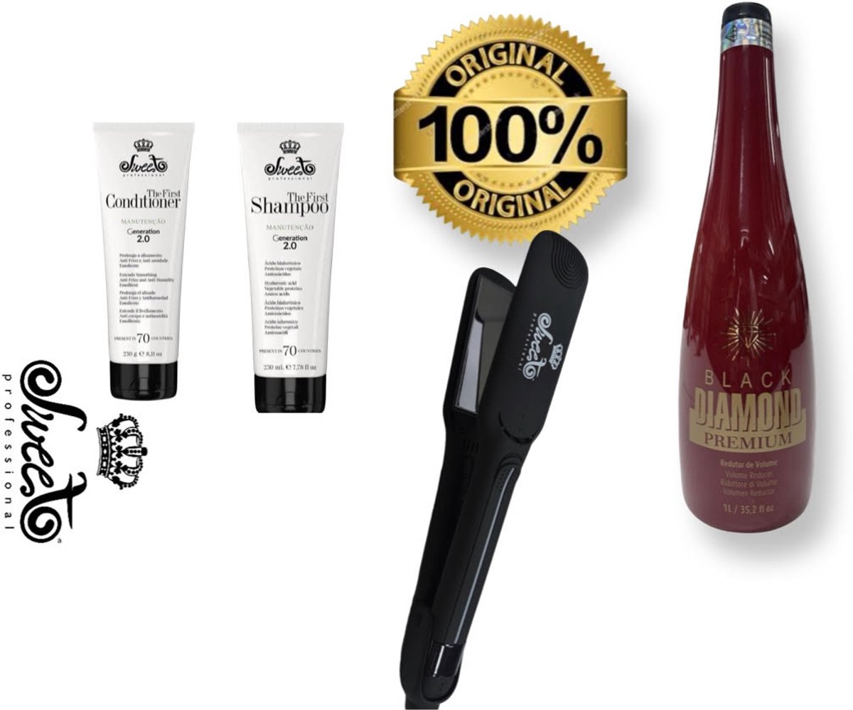 Black Diamond Protein – Professionele Haarverzorging op Topniveau & Sweet Professional Shampoo & Conditioner – Natuurlijke verzorging na keratine & Sweet Hair Professional First Flat Iron 32mm//