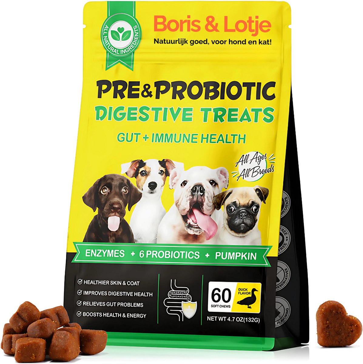 Boris & Lotje - Pre & Probiotica hond - 100% natuurlijk - 60 zachte hondensnoepjes - Ondersteunt Spijsvertering & Weerstand - Met eend smaak