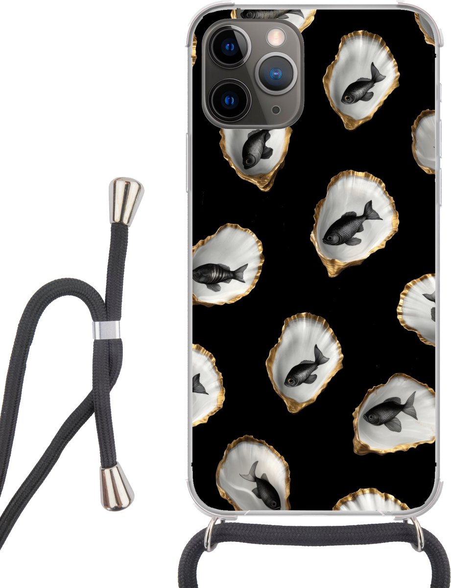 Telefoonhoesje Geschikt voor iPhone 13 Pro Max - Oesters - Zwart - Vissen - Goud - Siliconen - Crossbody - Backcover met Koord - Telefoonhoesje met koord - Hoesje met touw Telefoonhoesje